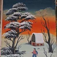 quadro Naif, paesaggio al tramonto, pittore slavo 