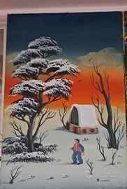 quadro Naif, paesaggio al tramonto, pittore slavo 