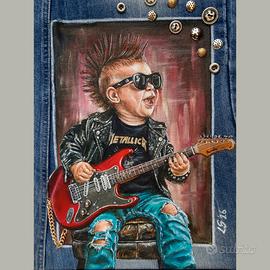 Quadro con bimbo su jeans originale, dipinto rock