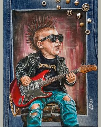 Quadro con bimbo su jeans originale, dipinto rock