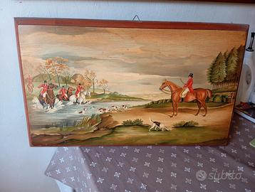 Quadro vintage su legno scena di caccia alla volpe
