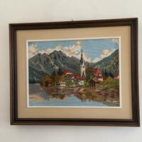 Quadro con paesaggio alpino, ricamo a mezzo punto