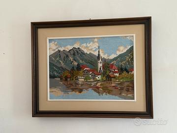 Quadro con paesaggio alpino, ricamo a mezzo punto