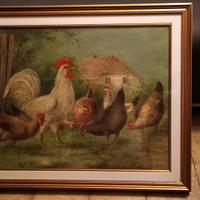 Olio su tela a soggetto rurale – galli e galline –