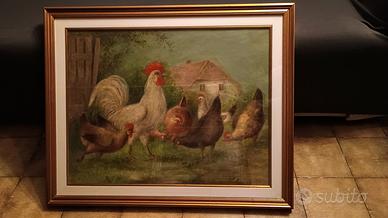 Olio su tela a soggetto rurale – galli e galline –