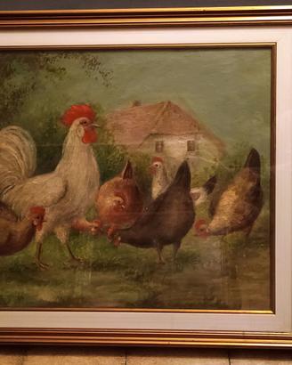 Olio su tela a soggetto rurale – galli e galline –