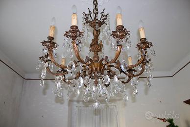 Lampadario Antico 10 Luci Bronzo e Cristalli