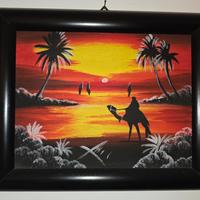 Quadro ad olio su tela, cammello, barche, tramonto