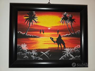 Quadro ad olio su tela, cammello, barche, tramonto