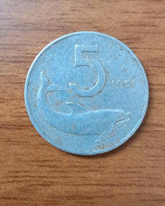 MONETA 5 LIRE DELFINO DEL 1951 REPUBBLICA ITALIANA