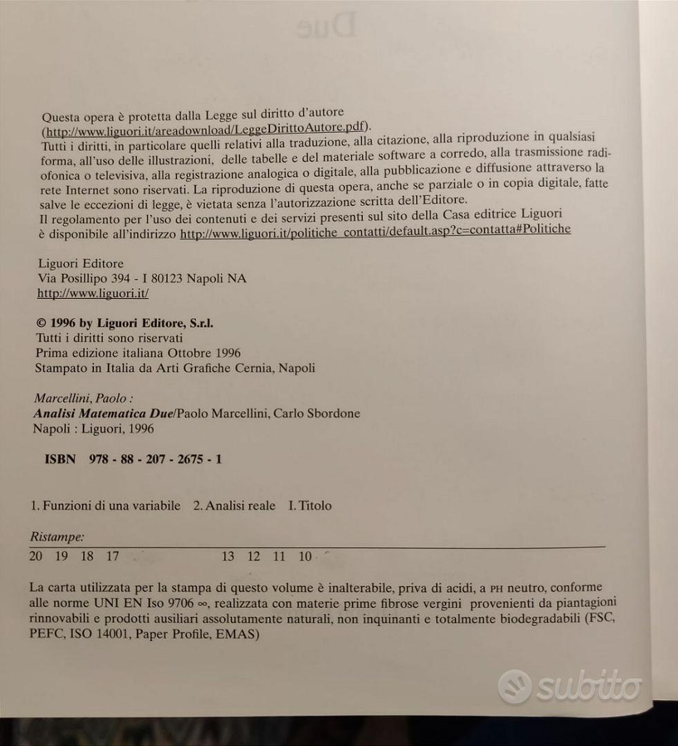 Analisi matematica 2 Fusco - Marcellini - Sbordone - Libri e Riviste In  vendita a Siena