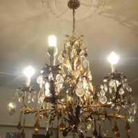 Lampadario a 5 punti luce oro e gocce anni 1970