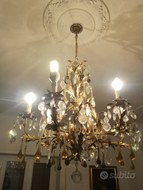 Lampadario a 5 punti luce oro e gocce anni 1970