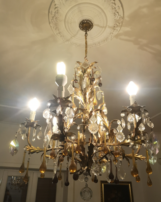 Lampadario a 5 punti luce oro e gocce anni 1970