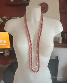 Collana doppia lunga perle rosa e bordeaux