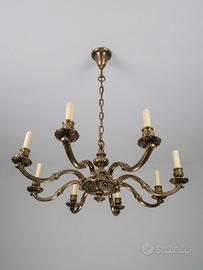 Lampadario d'Epoca in Ottone / Bronzo a 8 Luci
