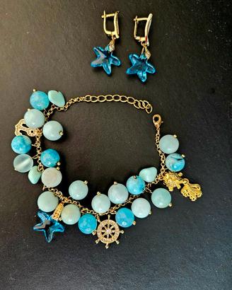 NUOVO set orecchini braccialetto bigoux aquamarina