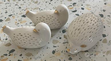 Set 3 Statuette Porcellane: Uccellini e Riccio