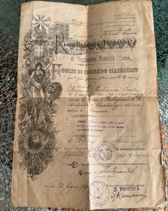 Foglio Congedo Regio Esercito Italiano 1929