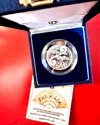 Moneta Argento 500 L Giacomo Rossini 1992 Proof