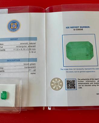 Smeraldo naturale certificato IGE. 3,16 carati.
