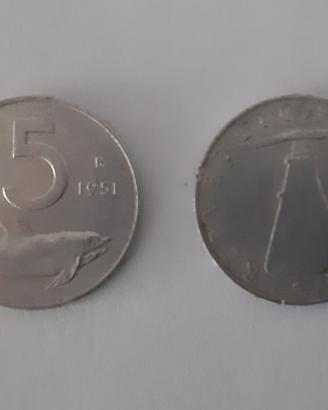 Monete L.5 Repubblica Italiana Delfino