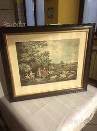 Coppia di quadri con stampe d'epoca acquarellate