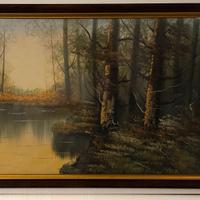 Oli su tela "Lago nel bosco"