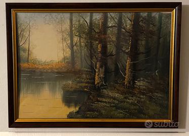 Oli su tela "Lago nel bosco"