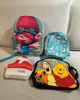 Lotto 4 Zainetti: Trolls-Peperilla-W.Pooh-Puffi
