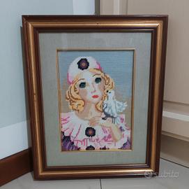 quadro ricamato a mezzo punto cornice in legno