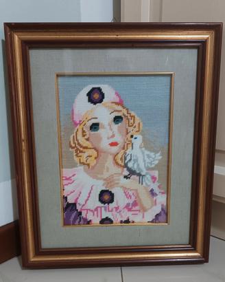 quadro ricamato a mezzo punto cornice in legno