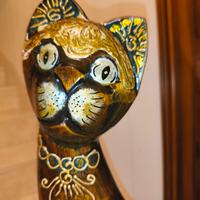 Antica Scultura Gatto In Legno Decorato Asia Alt