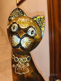 Antica Scultura Gatto In Legno Decorato Asia Alt