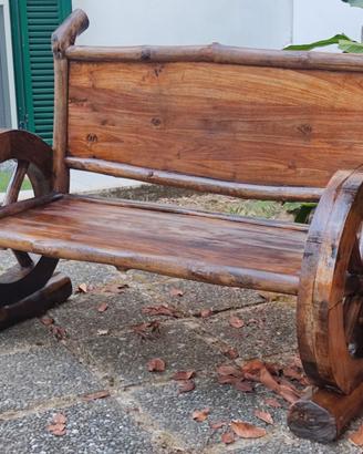 Panca in Legno di teak con Ruote di Carro