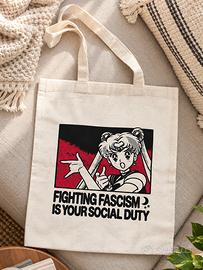 Shopper tote bag manga antifascista in cotone