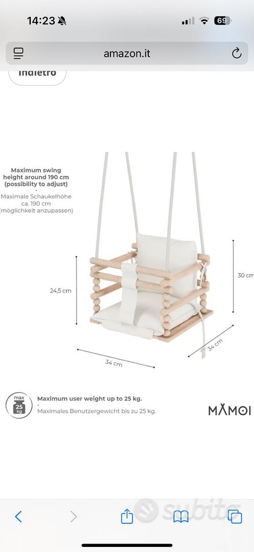Altalena Per Bambini MAMOI 3 In 1 - Seggiolino In Legno Per Interno, Regolabile, Con Cinture Di Sicurezza