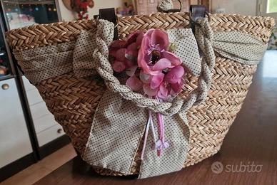 BORSA PAGLIA ESTIVA INTRECCIATA BEIGE E ROSA