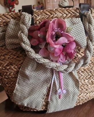 BORSA PAGLIA ESTIVA INTRECCIATA BEIGE E ROSA