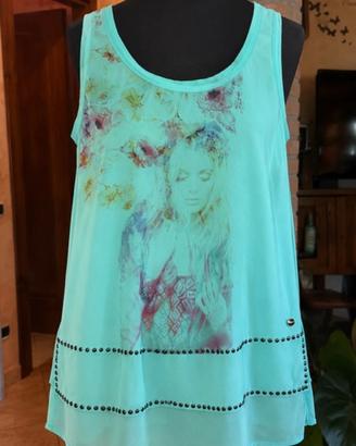 Canotta Gaudì jeans - turchese con stampa (M)