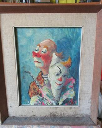 dipinto ad olio che raffigura due clown anni 50, a