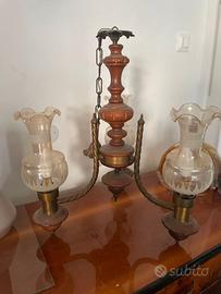 Lampadario 3 bracci legno ottone vetro tulipano