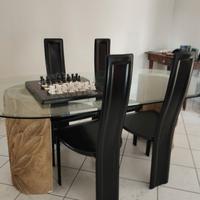 Tavolo in pietra e cristallo + 4 sedie pelle
