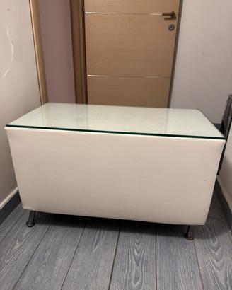 Tavolino o mobiletto ecopelle bianco piano vetro