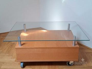 Tavolino Salotto Vetro e Legno con Ruote 