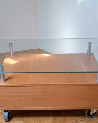 Tavolino Salotto Vetro e Legno con Ruote 