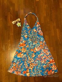Vestito estivo floreale blu e arancione scollo all
