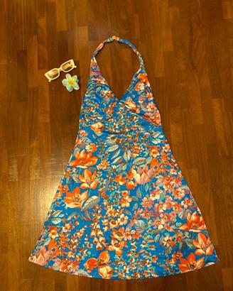 Vestito estivo floreale blu e arancione scollo all