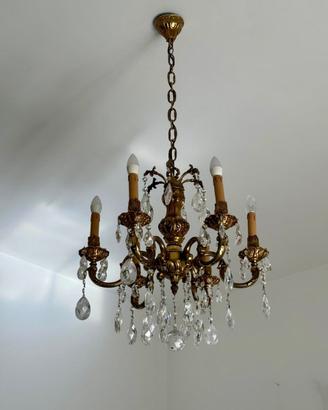Lampadario anni 70 ottone cristallo