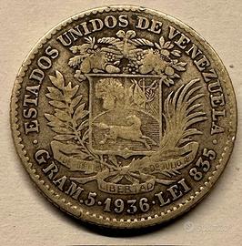 Moneta Venezuela 1 Bolívares 1936 Argento 900